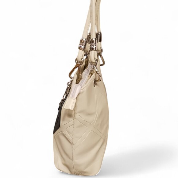 Cream Shoulder Carry-All Tote Bag with Contrast Black Accents, Silver Hardware - Picture 4 of 13